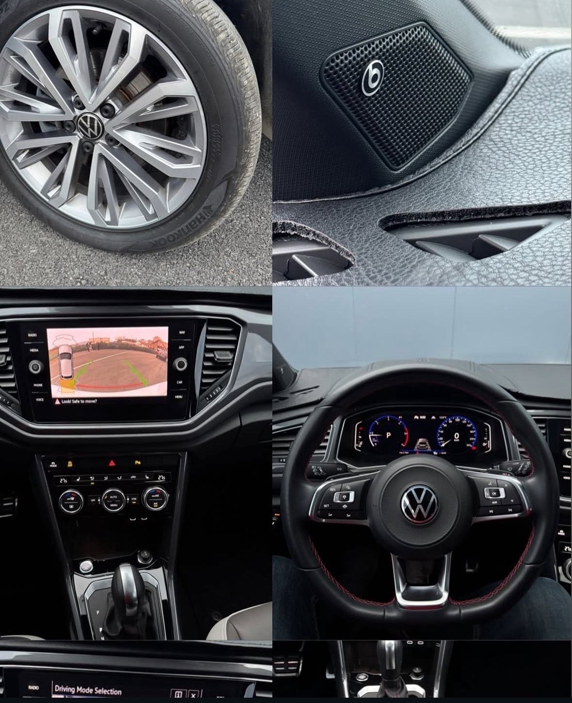 Four images of Volkswagen vehicle features: alloy wheel, dashboard speaker, touchscreen display with parking camera view, and steering wheel with digital gauge cluster