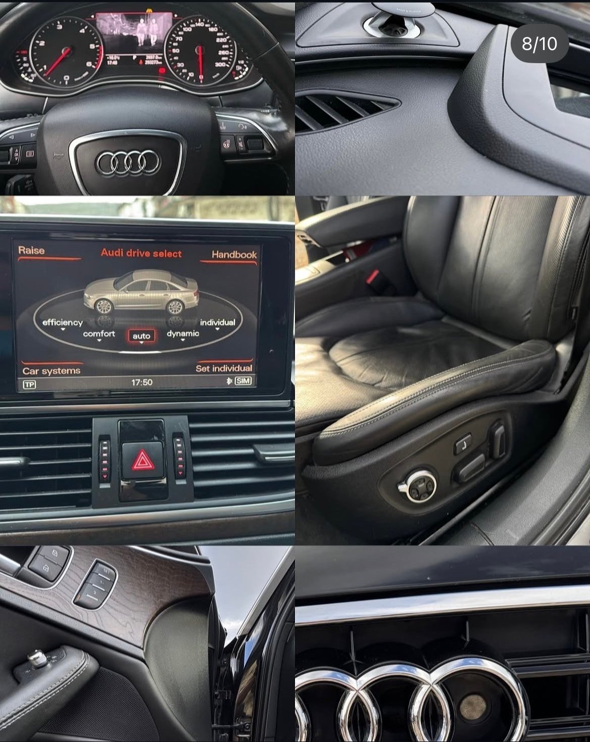Collage of Audi car interior details including dashboard, gauges, steering wheel, seats, infotainment system, and climate controls