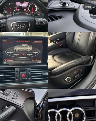 Collage of Audi car interior details including dashboard, gauges, steering wheel, seats, infotainment system, and climate controls
