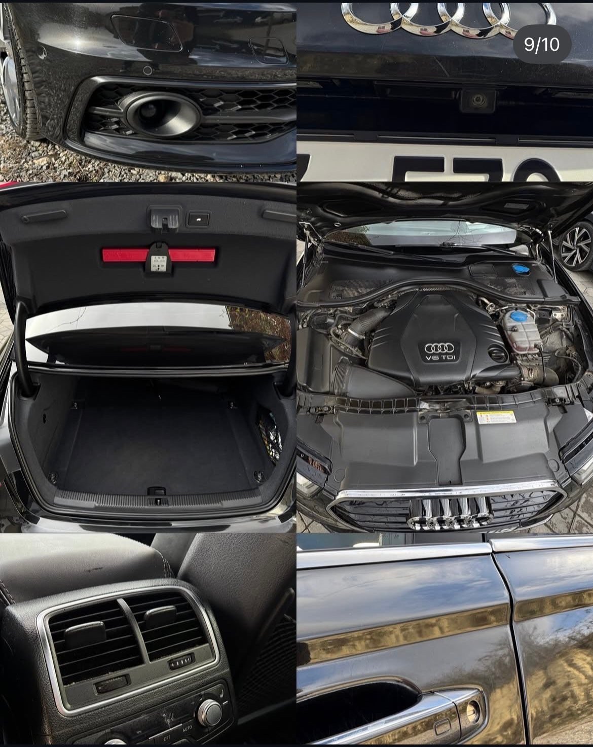 Collage of 6 Audi car details including front bumper, tailgate, trunk, engine, interior vents, and body panel